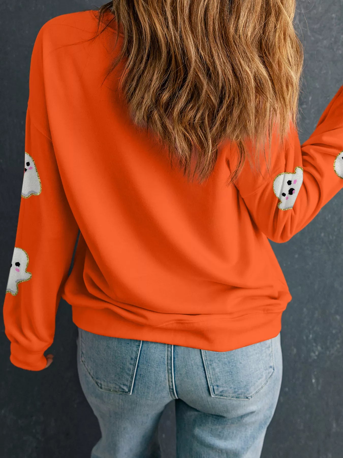 SYNZ Halloween Ghost Patched Pattern Holiday Sweatshirt
