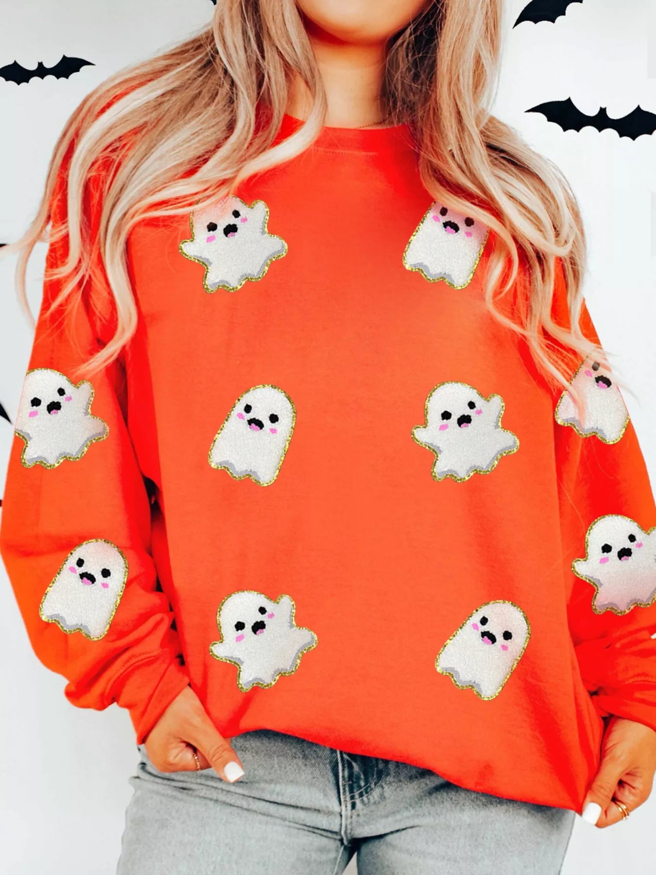 SYNZ Halloween Ghost Patched Pattern Holiday Sweatshirt