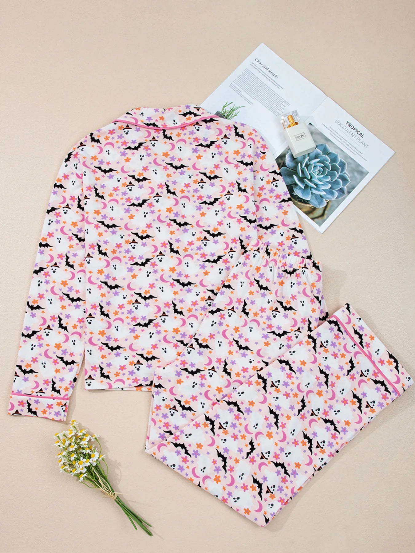 SYNZ Halloween Ghost Print Button Up Top and Pants Lounge Set