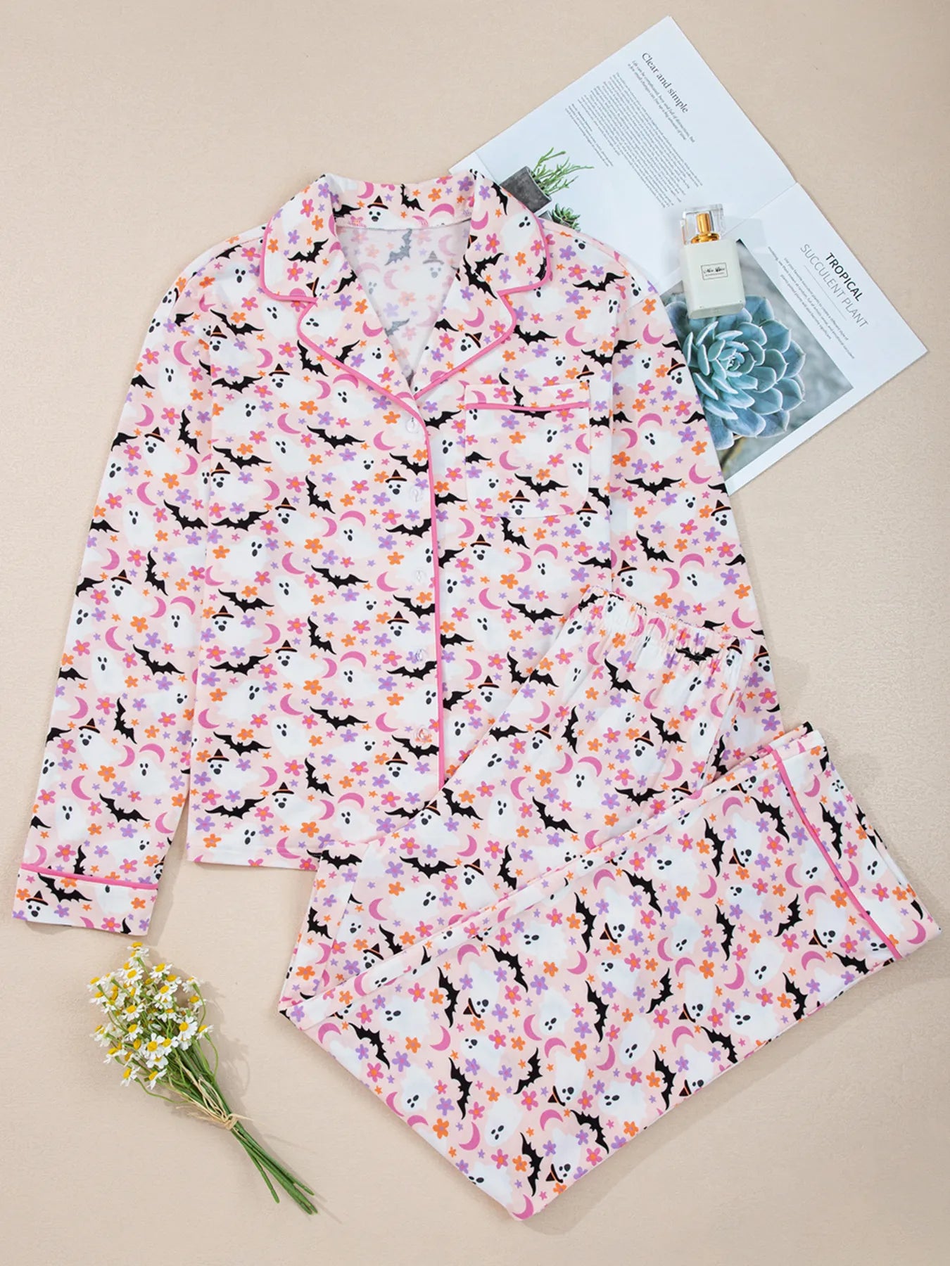 SYNZ Halloween Ghost Print Button Up Top and Pants Lounge Set