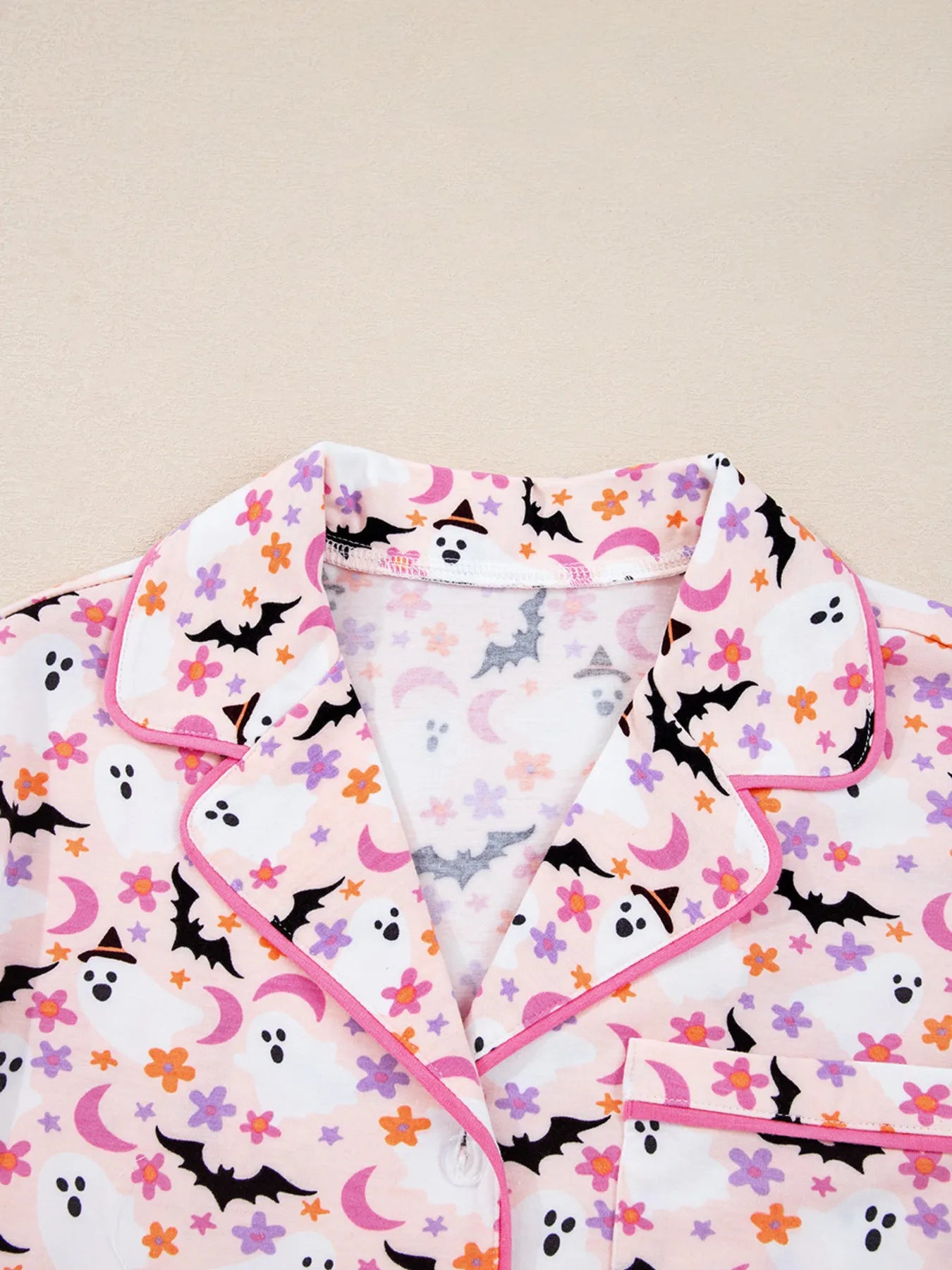 SYNZ Halloween Ghost Print Button Up Top and Pants Lounge Set