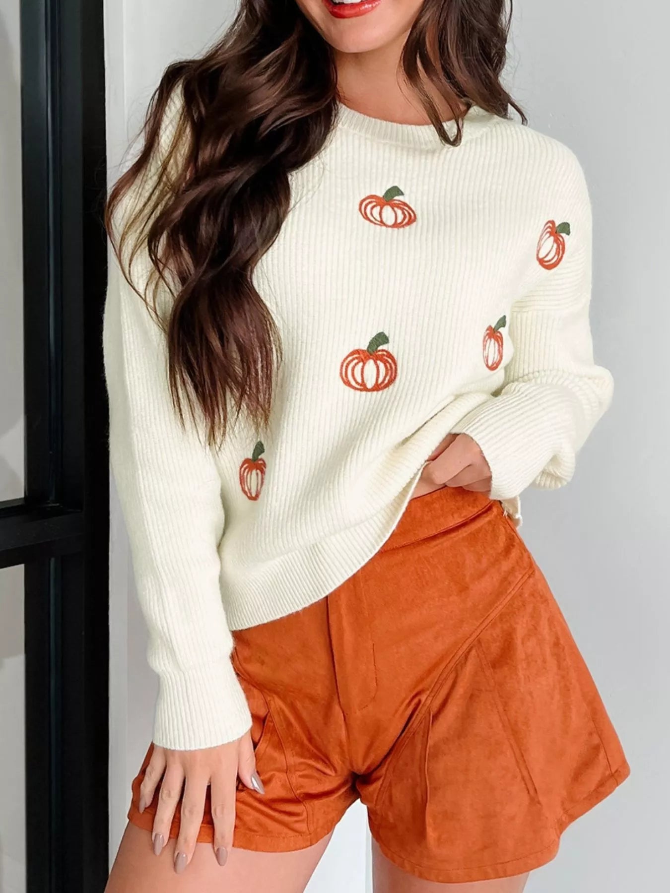 SYNZ Halloween Pumpkin Embroidered Round Neck Long Sleeve Sweater