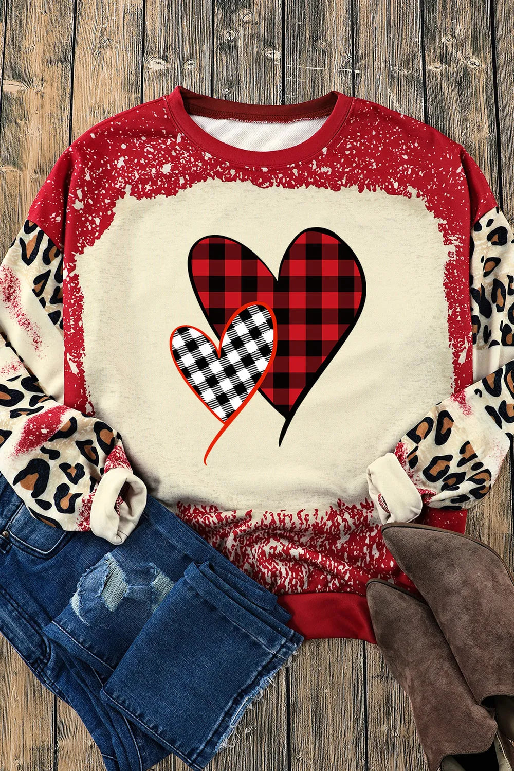 SYNZ Heart Leopard Round Neck Sweatshirt
