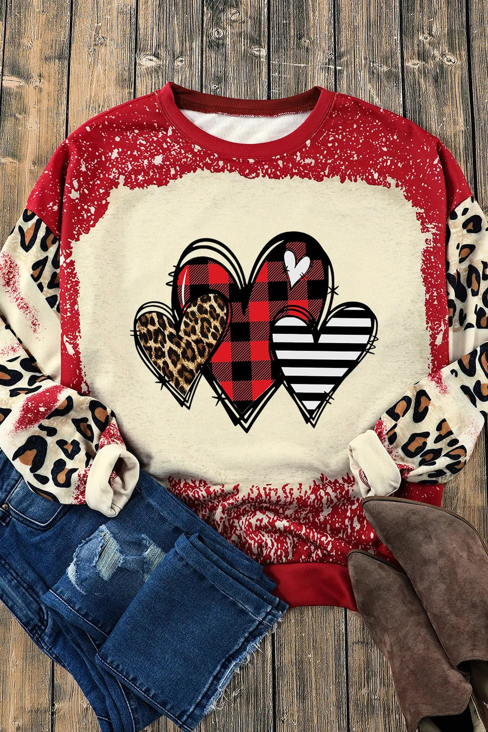 SYNZ Heart Leopard Round Neck Sweatshirt