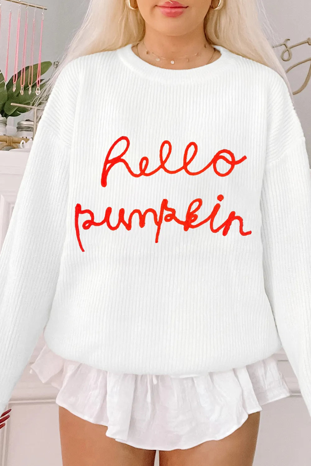 SYNZ HELLO PUMPKIN Round Neck Long Sleeve Sweater