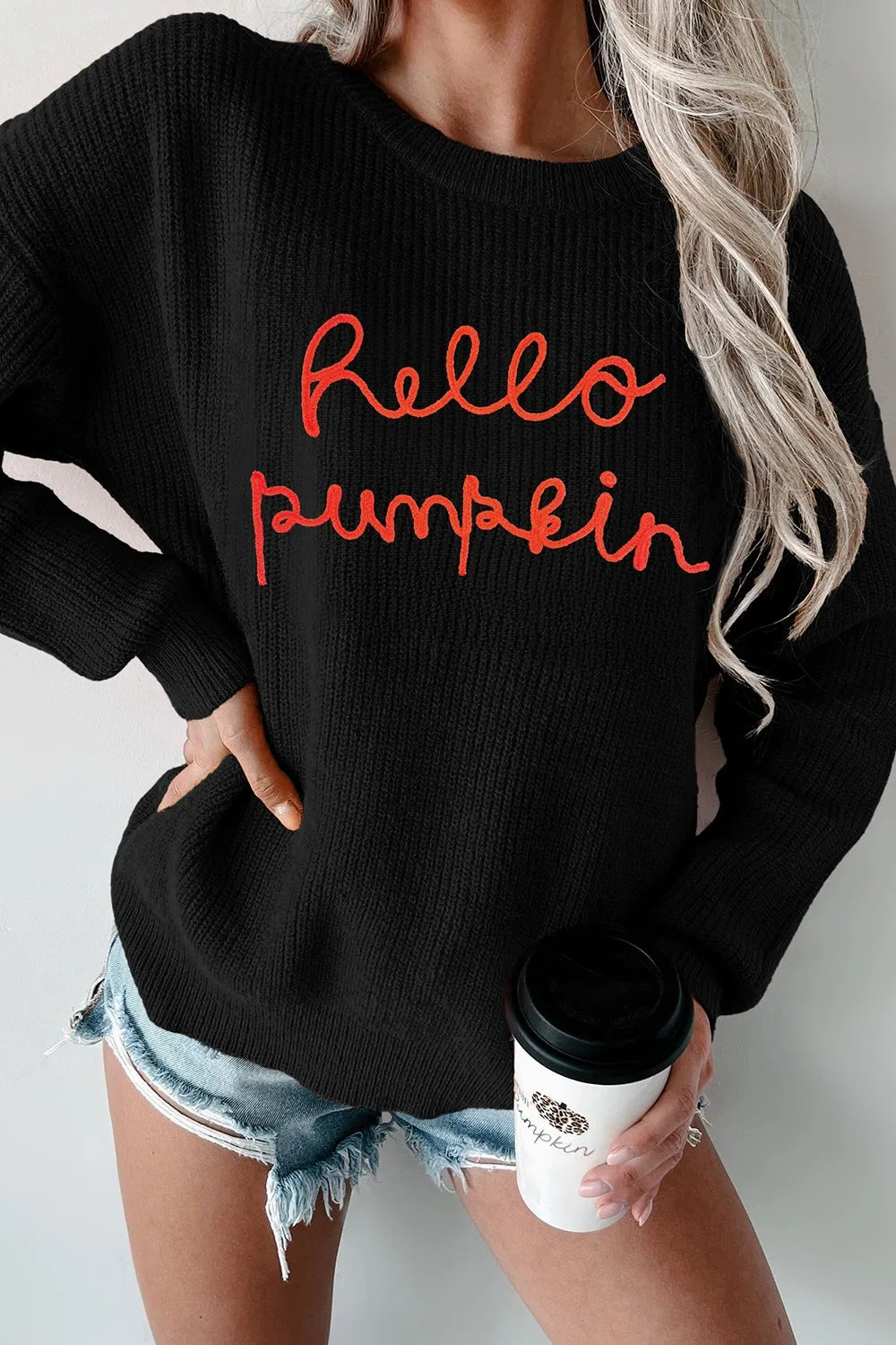 SYNZ HELLO PUMPKIN Round Neck Long Sleeve Sweater