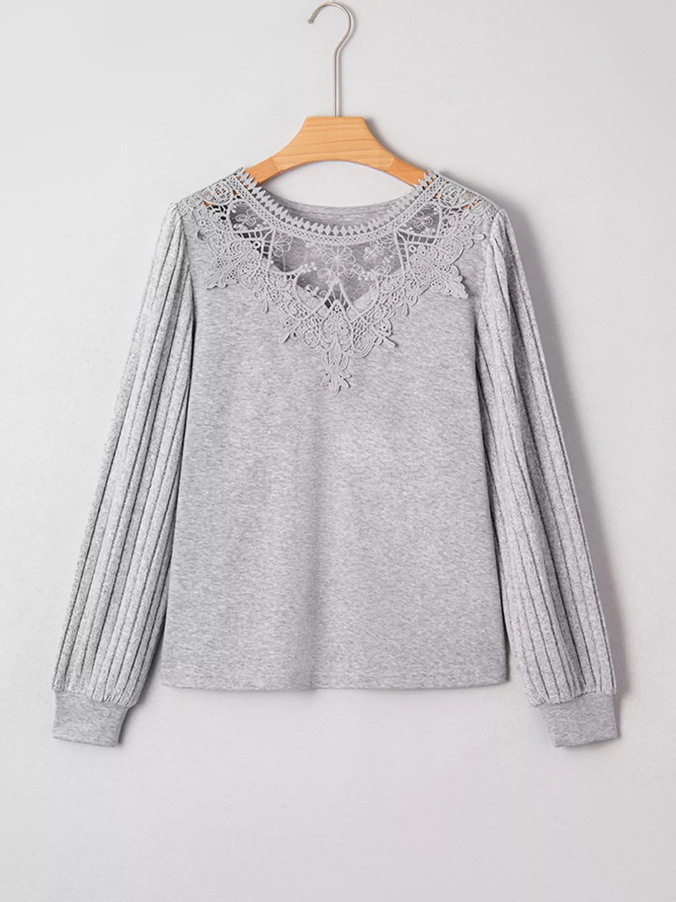 SYNZ Hollowed Lace Ribbed Knit Long Sleeve Patchwork Top