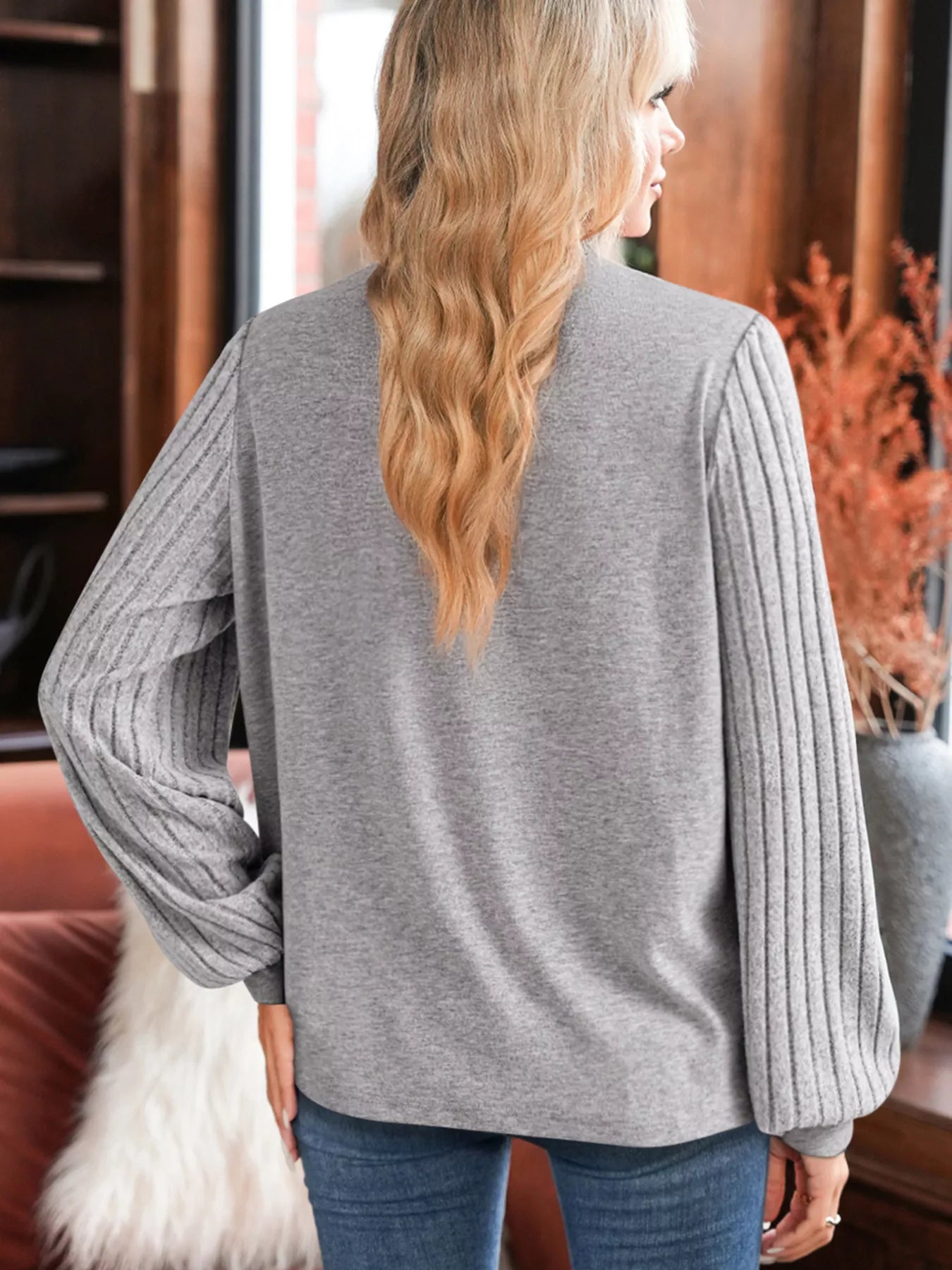 SYNZ Hollowed Lace Ribbed Knit Long Sleeve Patchwork Top