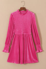 SYNZ Hot Pink / S Smocked Round Neck Long Sleeve Dress