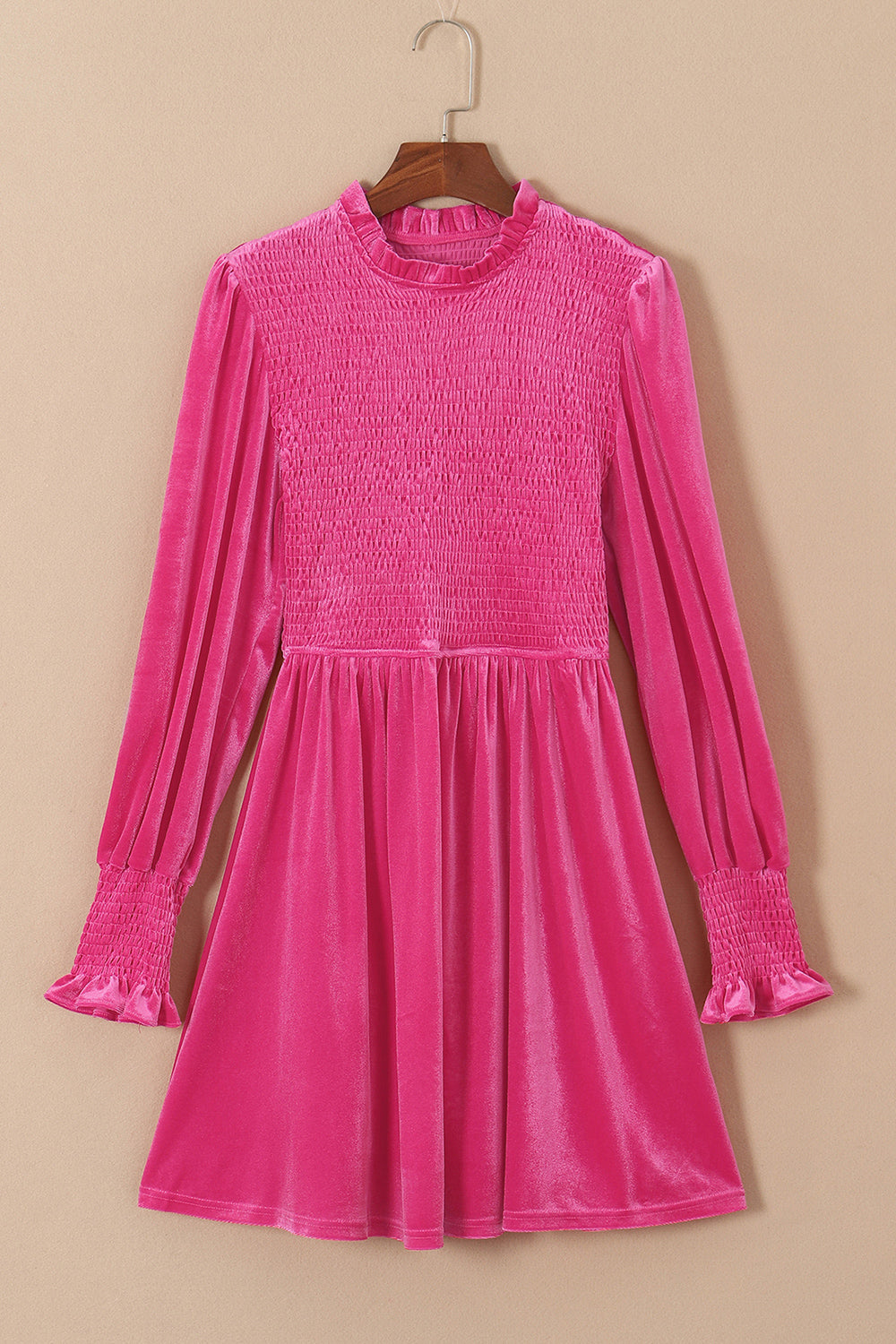 SYNZ Hot Pink / S Smocked Round Neck Long Sleeve Dress