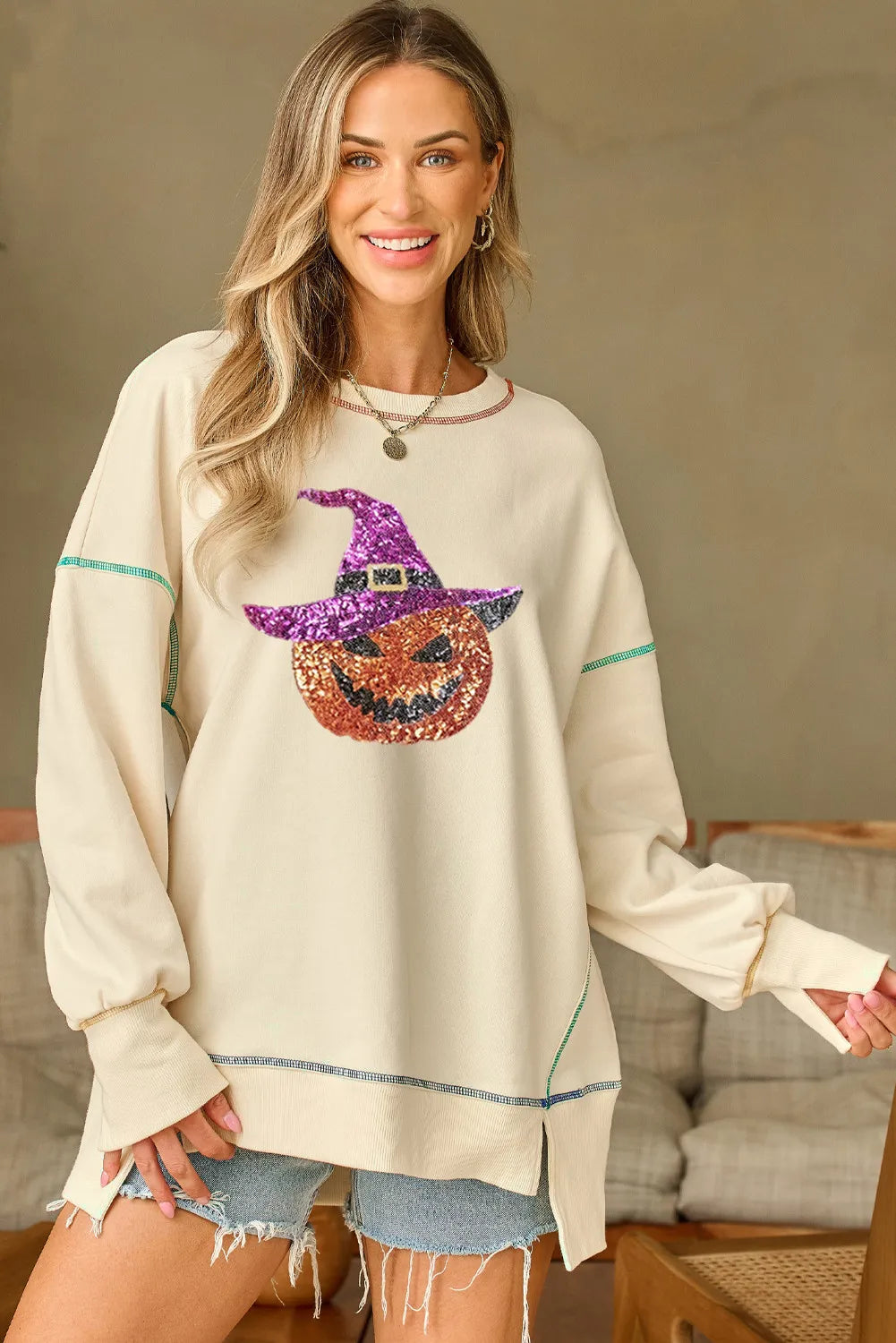 SYNZ Ivory / S Contrast Stitching Sequin Pumpkin Round Neck Long Sleeve Sweatshirt