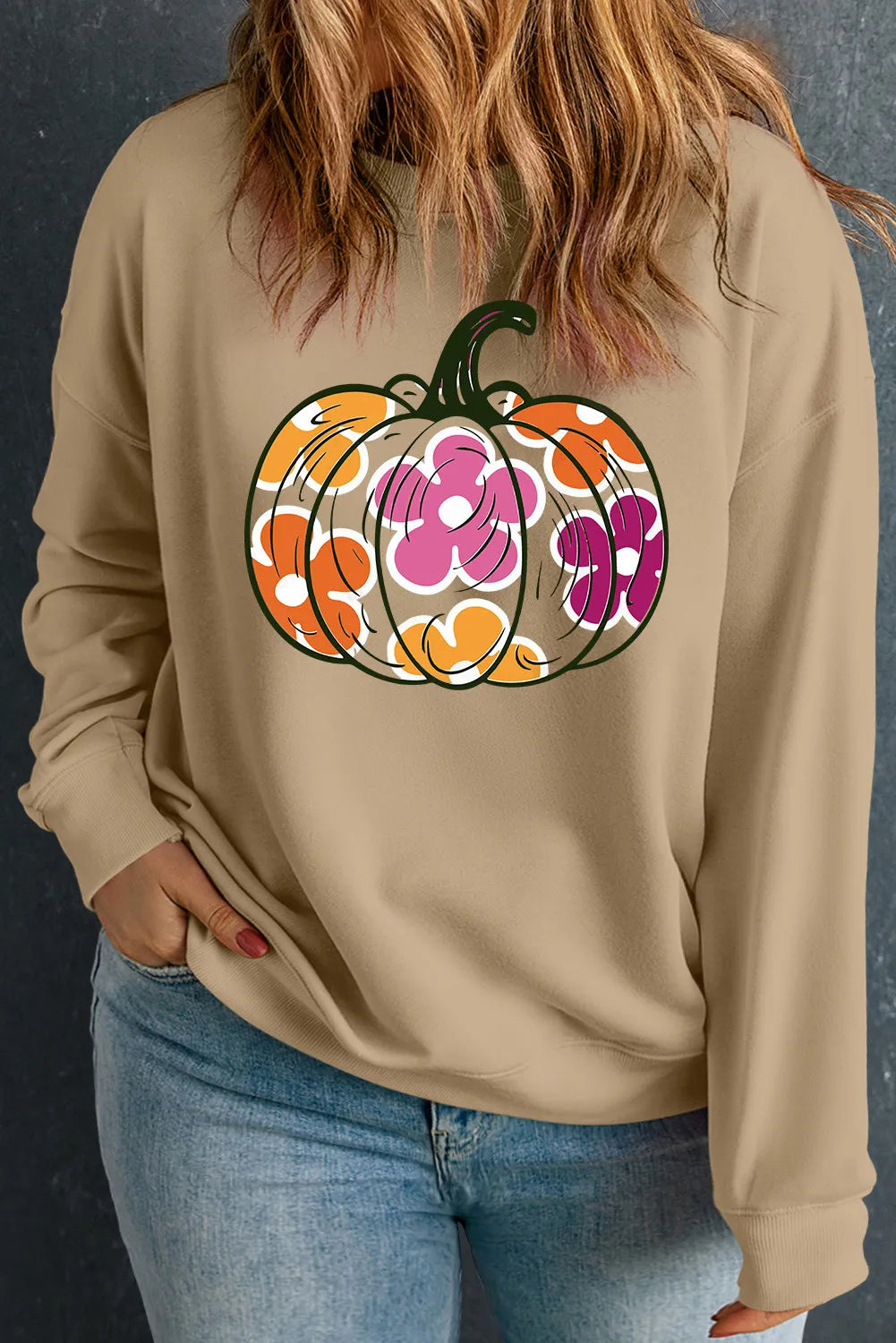 SYNZ Khaki / 1XL Plus Size Pumpkin Graphic Dropped Shoulder Sweatshirt