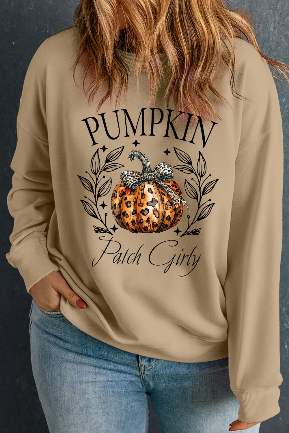 SYNZ Khaki / 1XL Plus Size Pumpkin Graphic Long Sleeve Sweatshirt