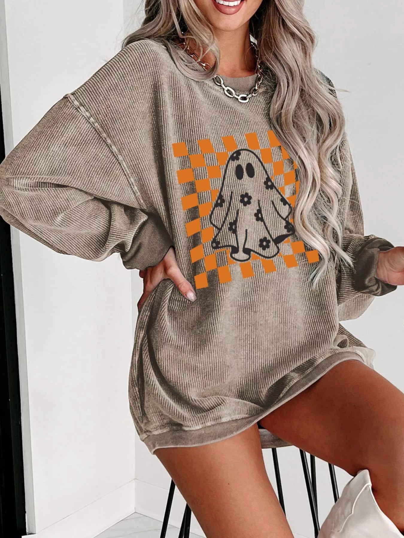 SYNZ Khaki / S Halloween Checkerboard Floral Ghost Graphic Corded Sweatshirt