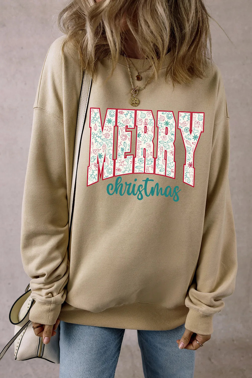 SYNZ Khaki / S MERRY CHRISTMAS Round Neck Long Sleeve Sweatshirt