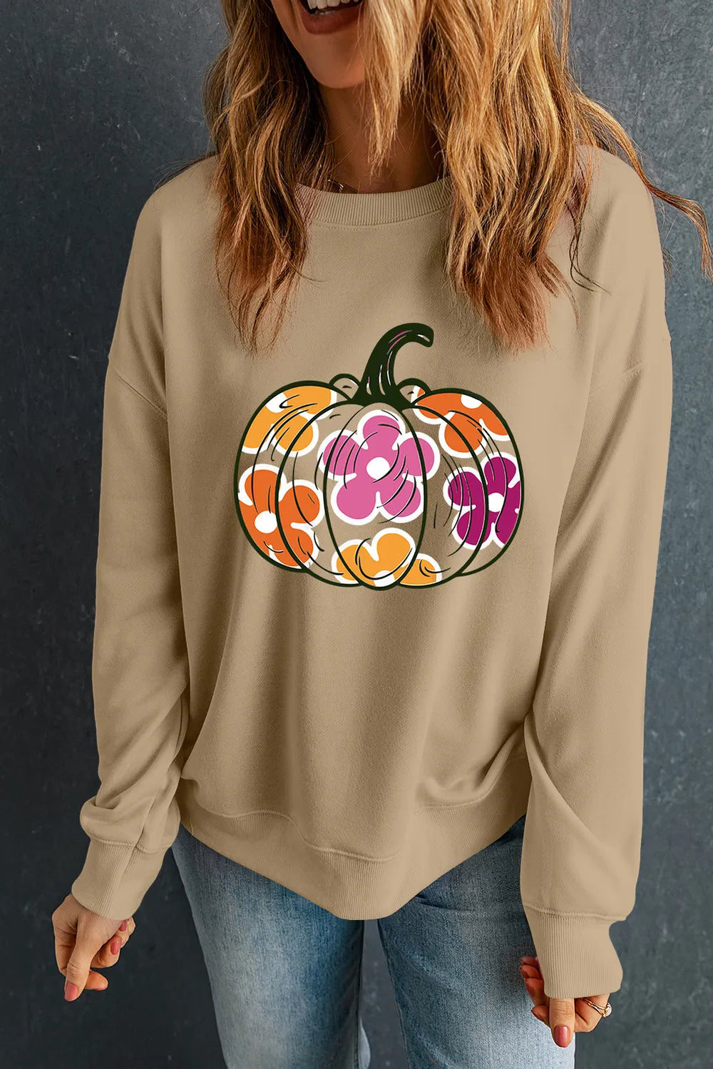 SYNZ Khaki / S Pumpkin & Flower Graphic Long Sleeve Sweatshirt