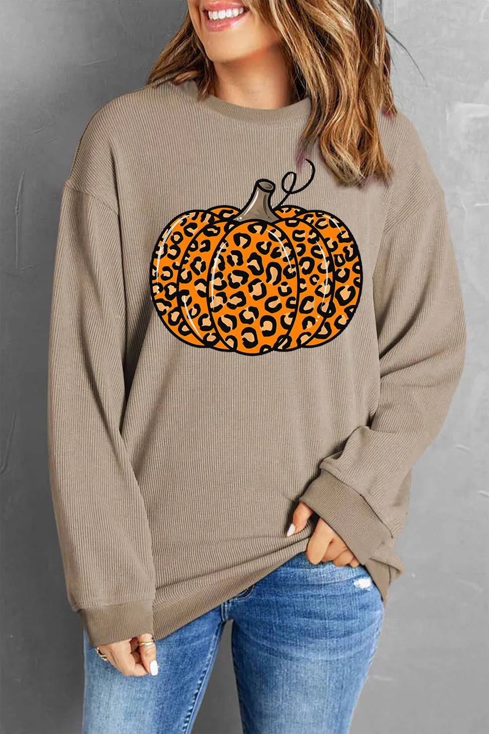 SYNZ Khaki / S Pumpkin Round Neck Long Sleeve Sweatshirt