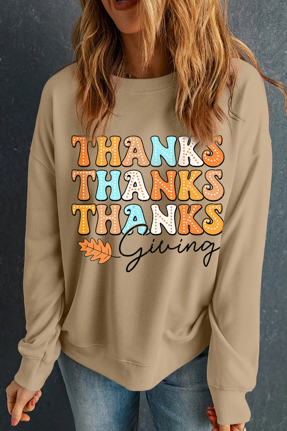 SYNZ Khaki / S THANKSGIVING Round Neck Dropped Shoulder Sweatshirt