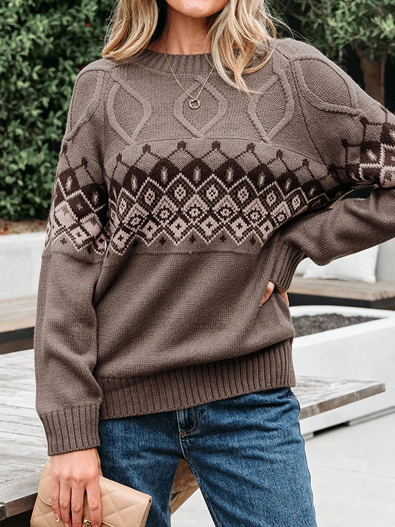 SYNZ Knit Tops Coffee Brown / S Geometric Round Neck Long Sleeve Sweater