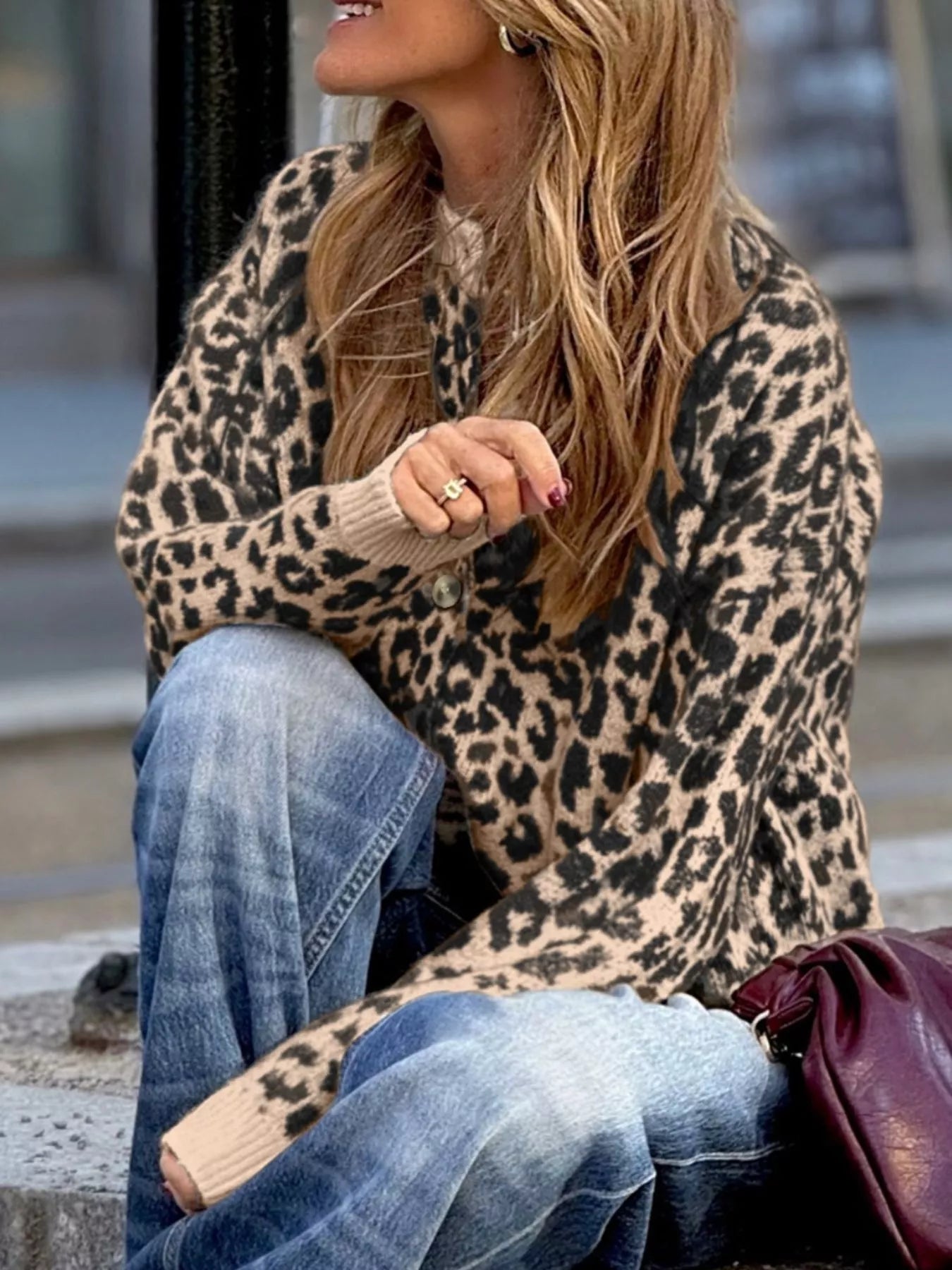 SYNZ Leopard Drop Shoulder Chunky Knitted Cardigan
