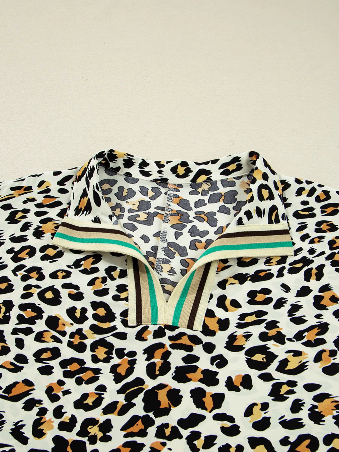 SYNZ Leopard Print Contrast Striped V Neck Blouse