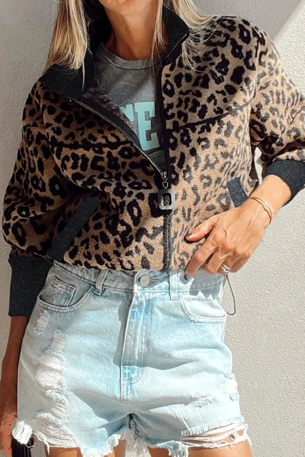 SYNZ Leopard Print Zip Up Long Sleeve Jacket for Women
