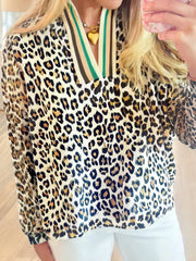 SYNZ Leopard / S Leopard Print Contrast Striped V Neck Blouse