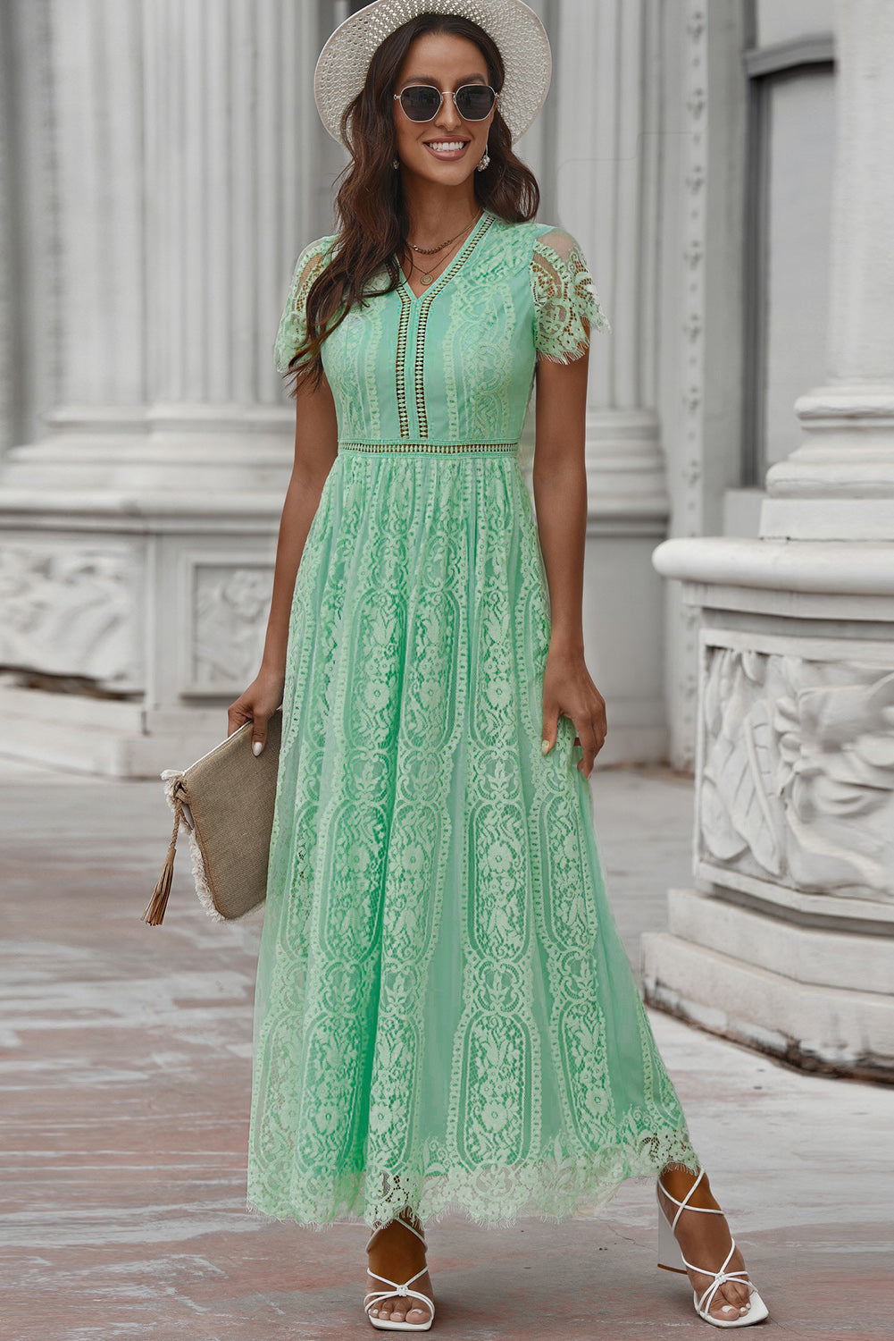 SYNZ Mid Green / S Scalloped Trim Lace Plunge Maxi Dress