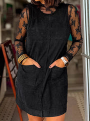 SYNZ Mini Dresses Black / S Corduroy Sleeveless Mini Dress with Patched Pockets