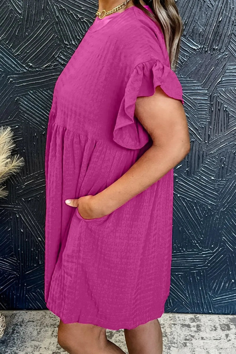 SYNZ Mini Dresses Flounce Sleeve Mini Dress – Round Neck Ruffle Detail