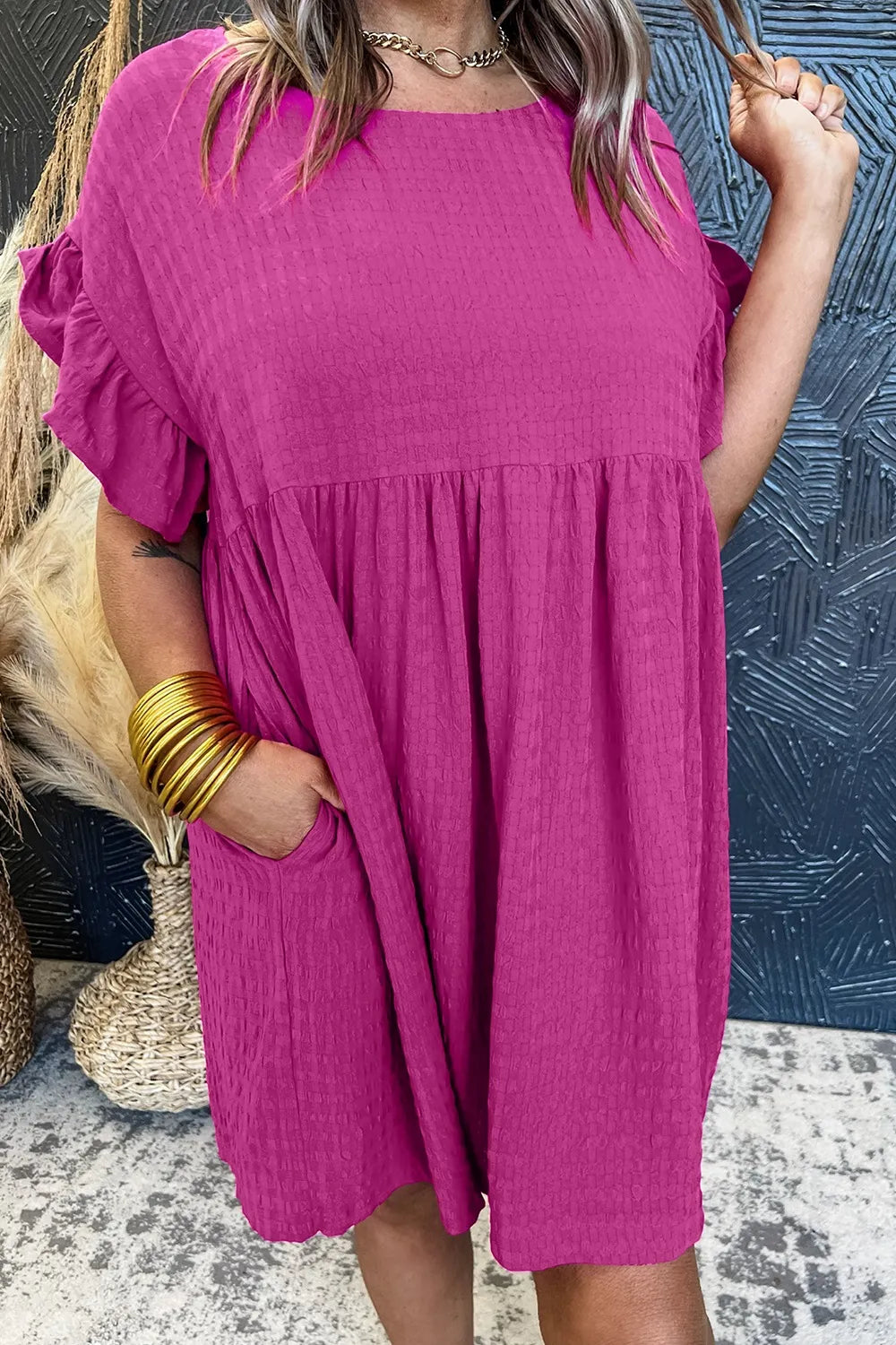 SYNZ Mini Dresses HOT PINK / S Flounce Sleeve Mini Dress – Round Neck Ruffle Detail