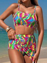 SYNZ Multicolor / S Multicolour Abstract Print Textured Spaghetti Strap High Waist Bikini Set