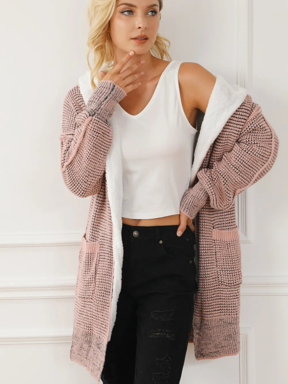 SYNZ Open Front Hooded Winter Coat with Pockets