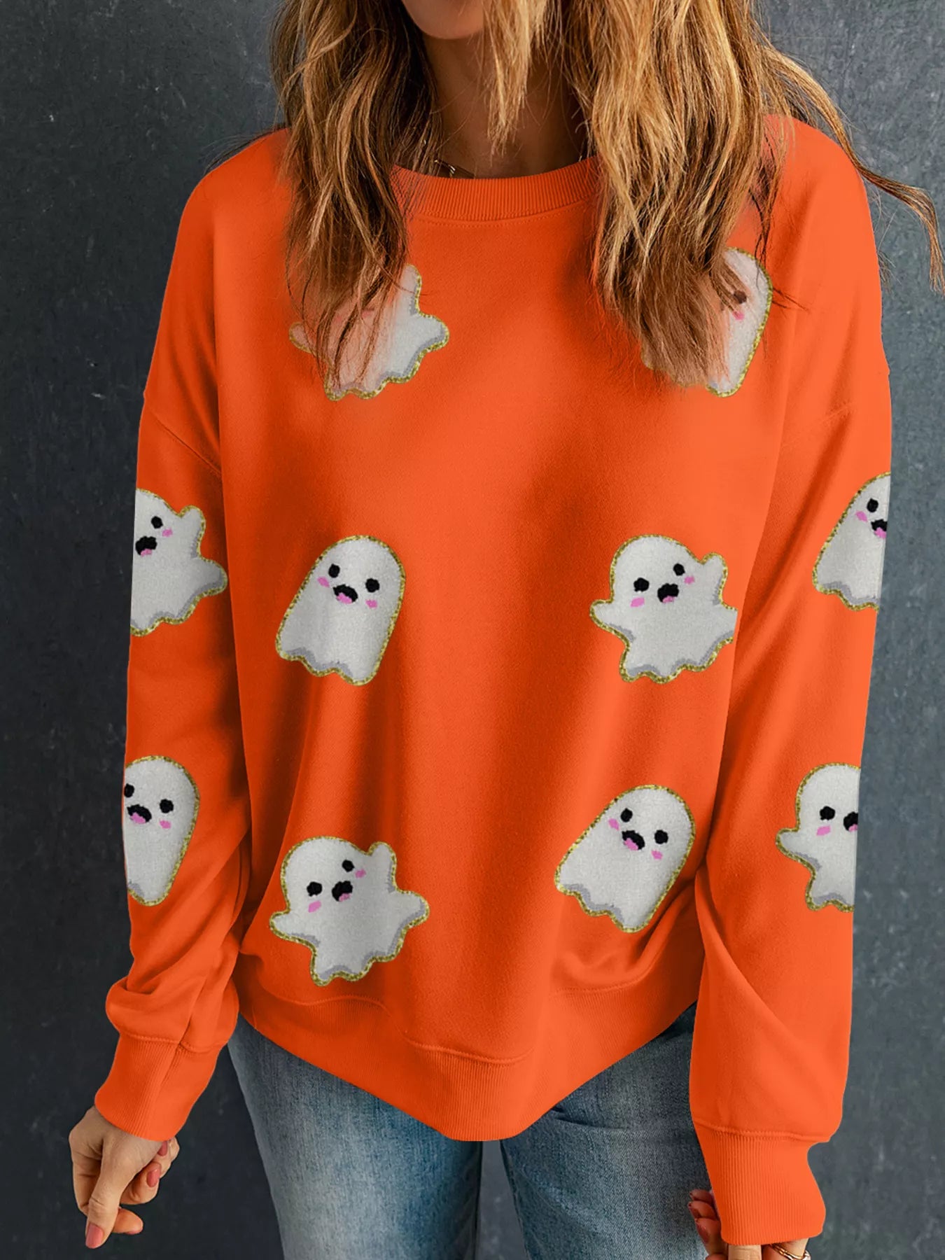 SYNZ Orange / S Halloween Ghost Patched Pattern Holiday Sweatshirt