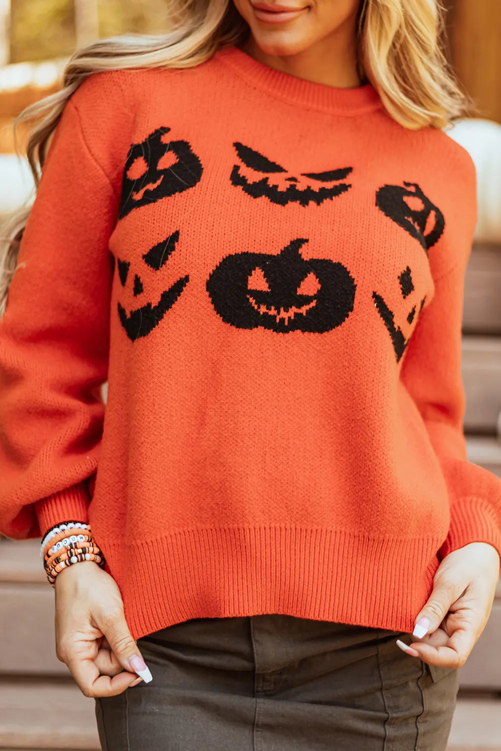 SYNZ Orange / S Pumpkin Pattern Round Neck Sweater