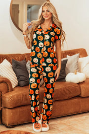 SYNZ Orange / S Pumpkin Printed Short Sleeve Top and Pants Lounge Set