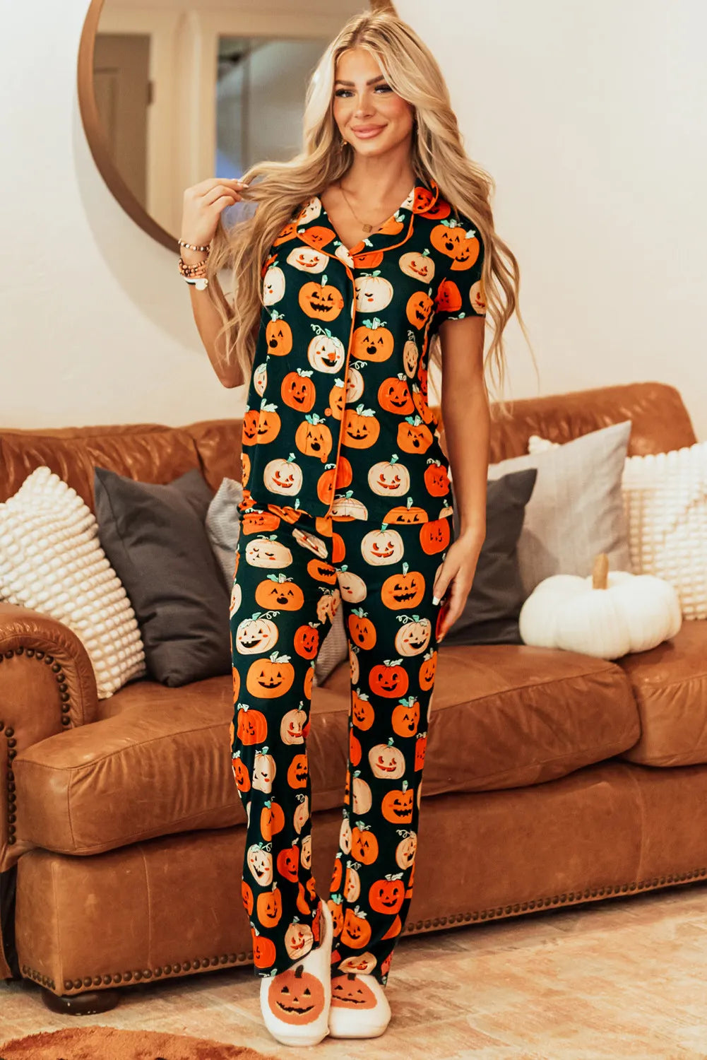 SYNZ Orange / S Pumpkin Printed Short Sleeve Top and Pants Lounge Set