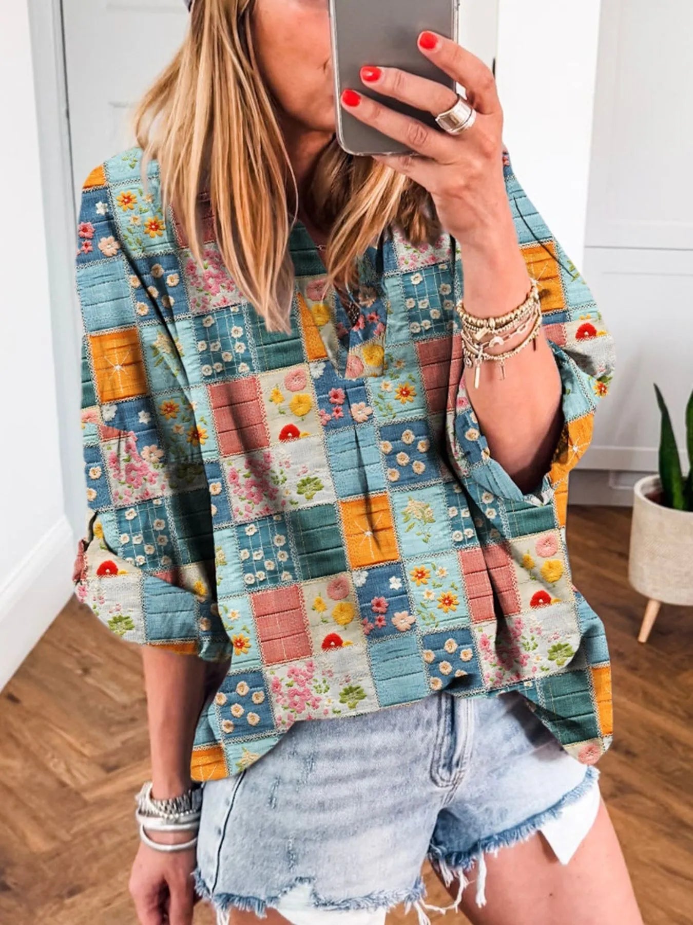 SYNZ Patchwork Print Notched Long Sleeve Blouse