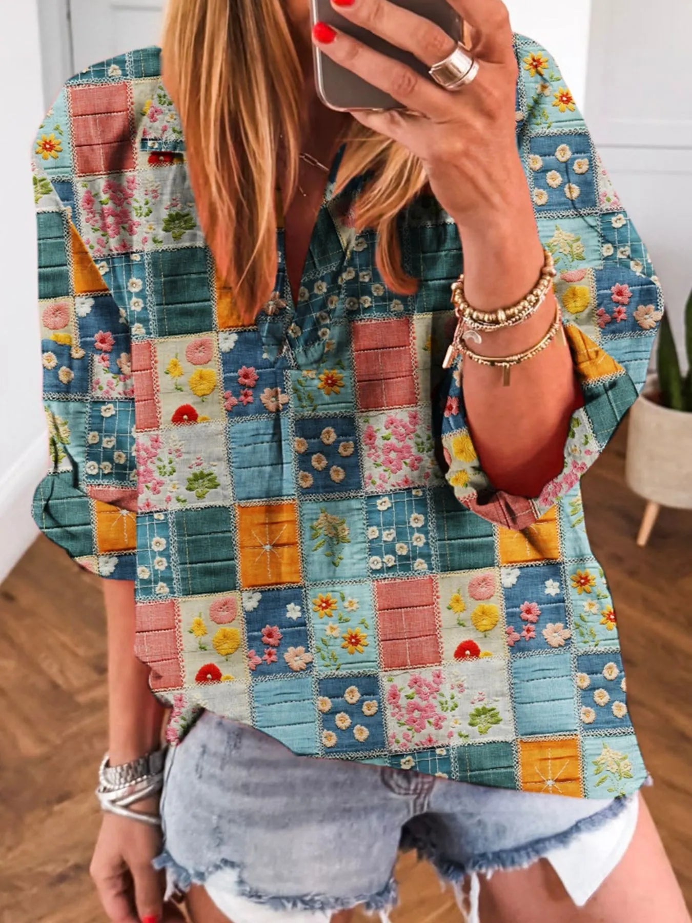 SYNZ Patchwork Print Notched Long Sleeve Blouse