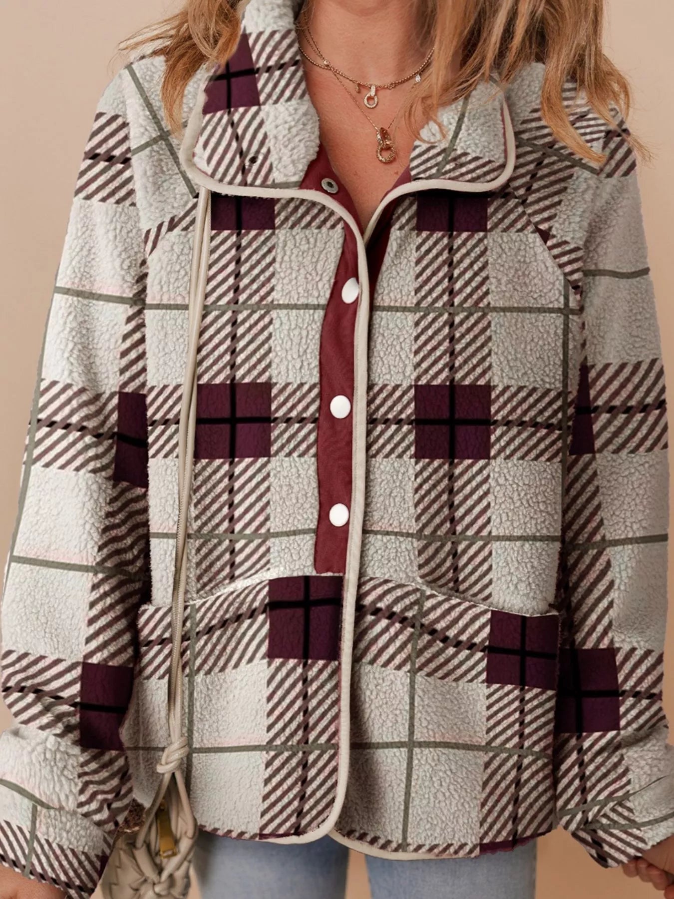 SYNZ Plaid / S Plaid Fleece Jacket with Stand Collar – Buttoned & Pocketed