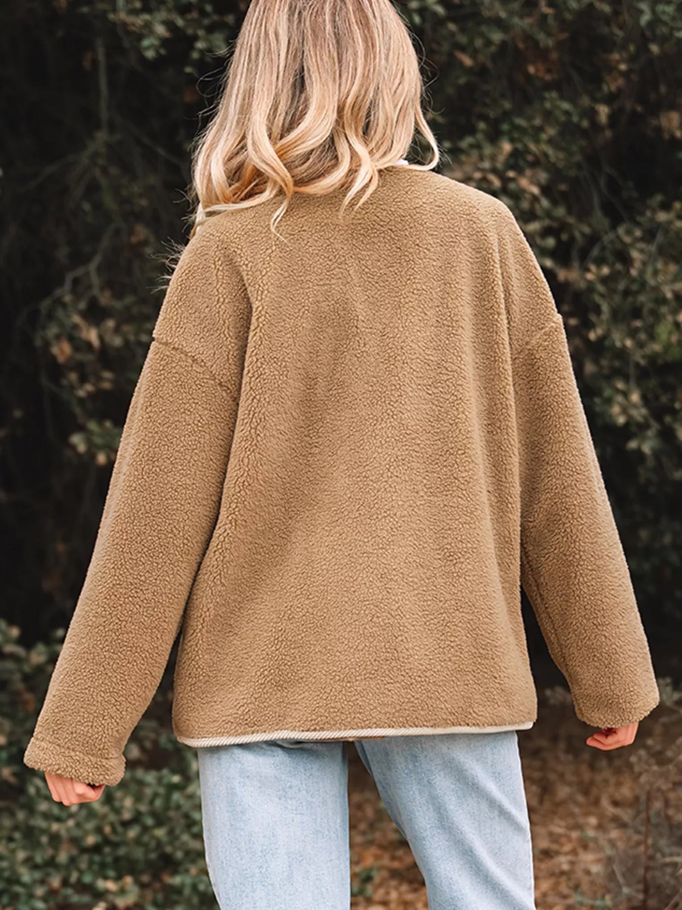 SYNZ Puffy Plush Corduroy Edge Patchwork Jacket with Pockets