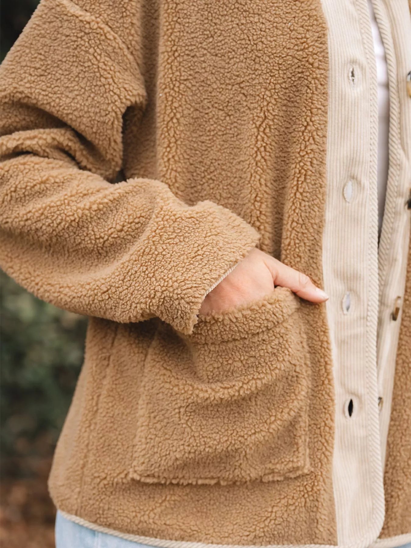 SYNZ Puffy Plush Corduroy Edge Patchwork Jacket with Pockets