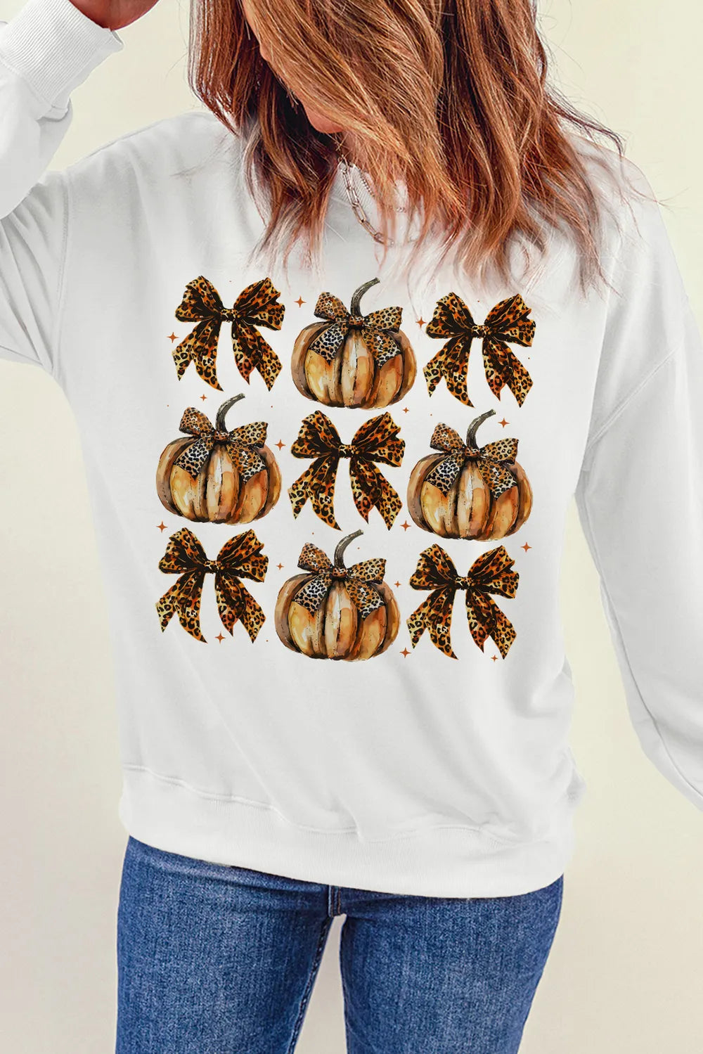 SYNZ Pumpkin & Bow Graphic Long Sleeve Sweatshirt
