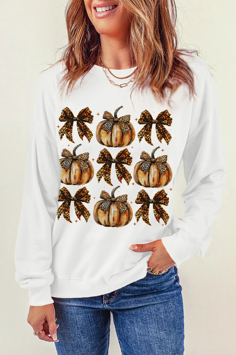 SYNZ Pumpkin & Bow Graphic Long Sleeve Sweatshirt