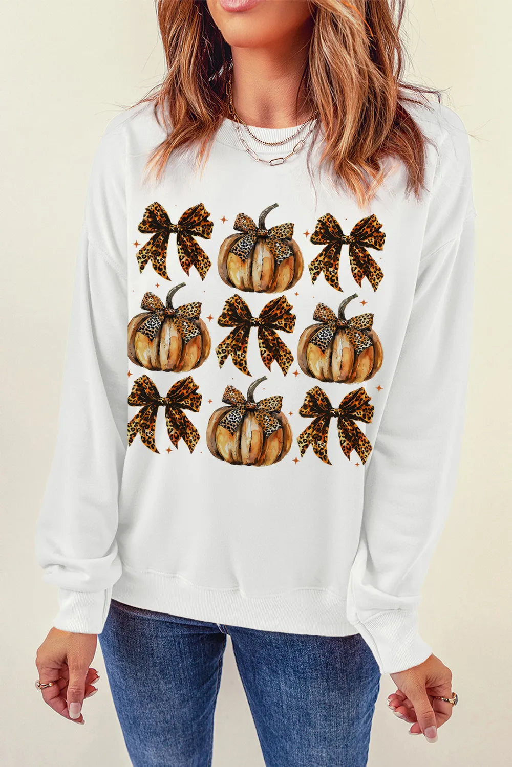SYNZ Pumpkin & Bow Graphic Long Sleeve Sweatshirt