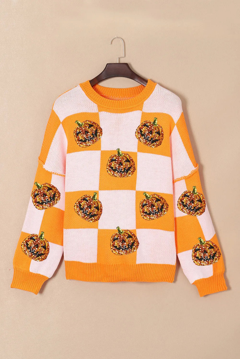 SYNZ Pumpkin Checkered Round Neck Long Sleeve Sweater