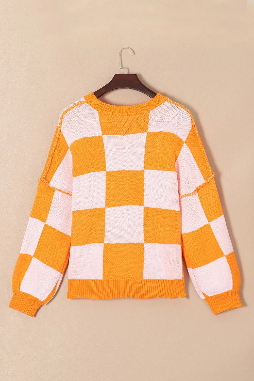 SYNZ Pumpkin Checkered Round Neck Long Sleeve Sweater