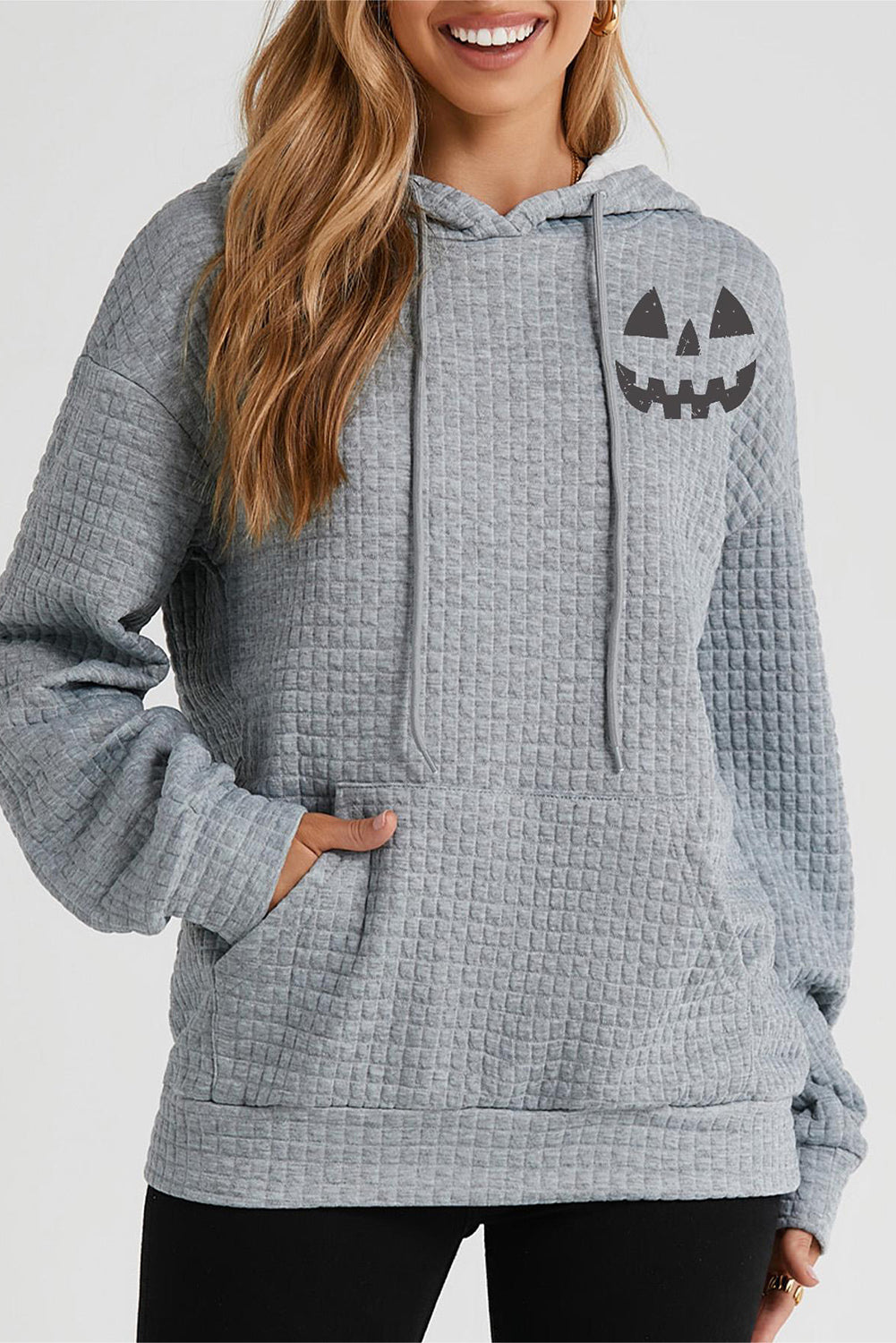 SYNZ Pumpkin Face Graphic Drawstring Hoodie with Pocket