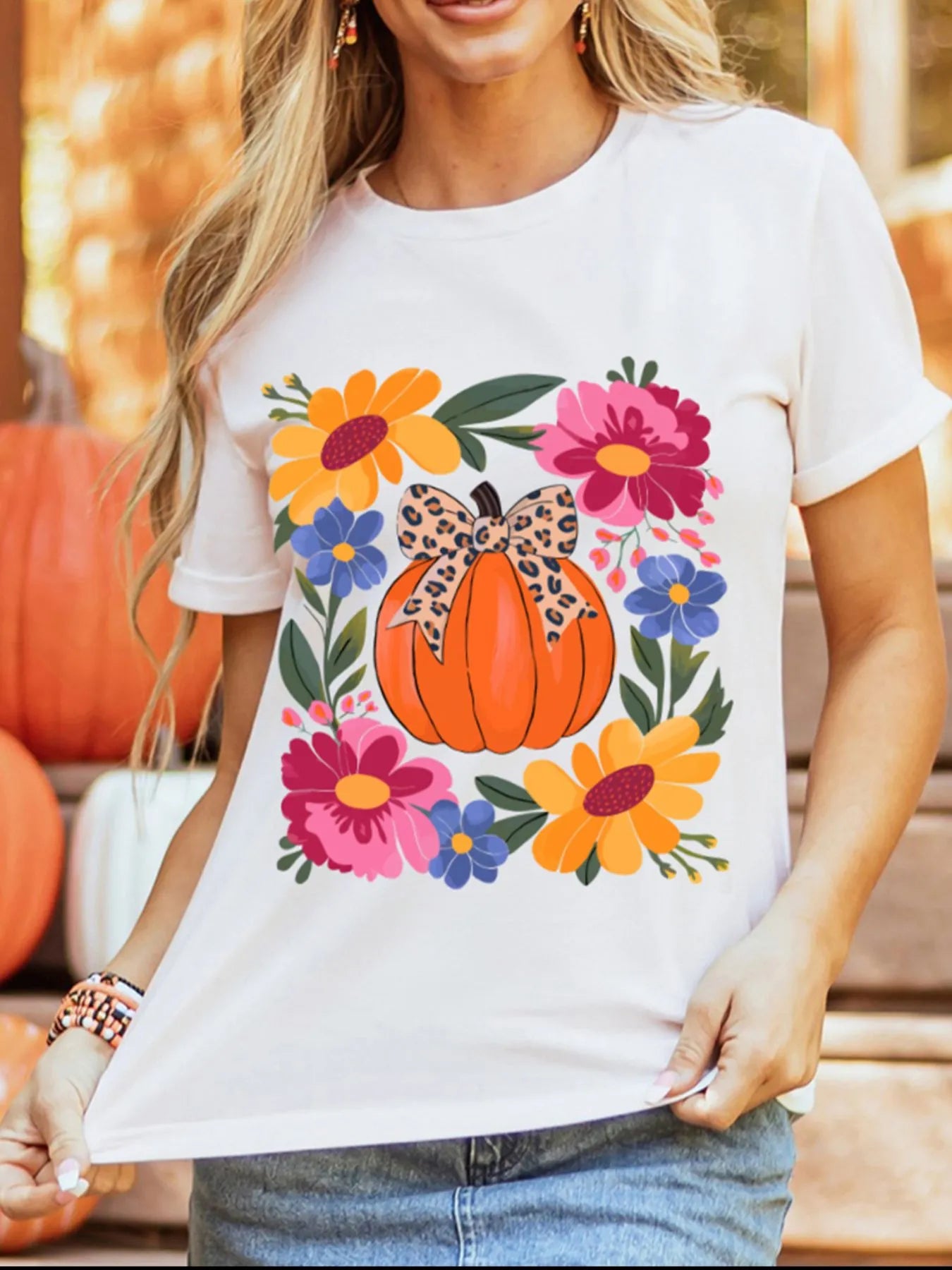 SYNZ Pumpkin Floral Graphic Round Neck T-Shirt