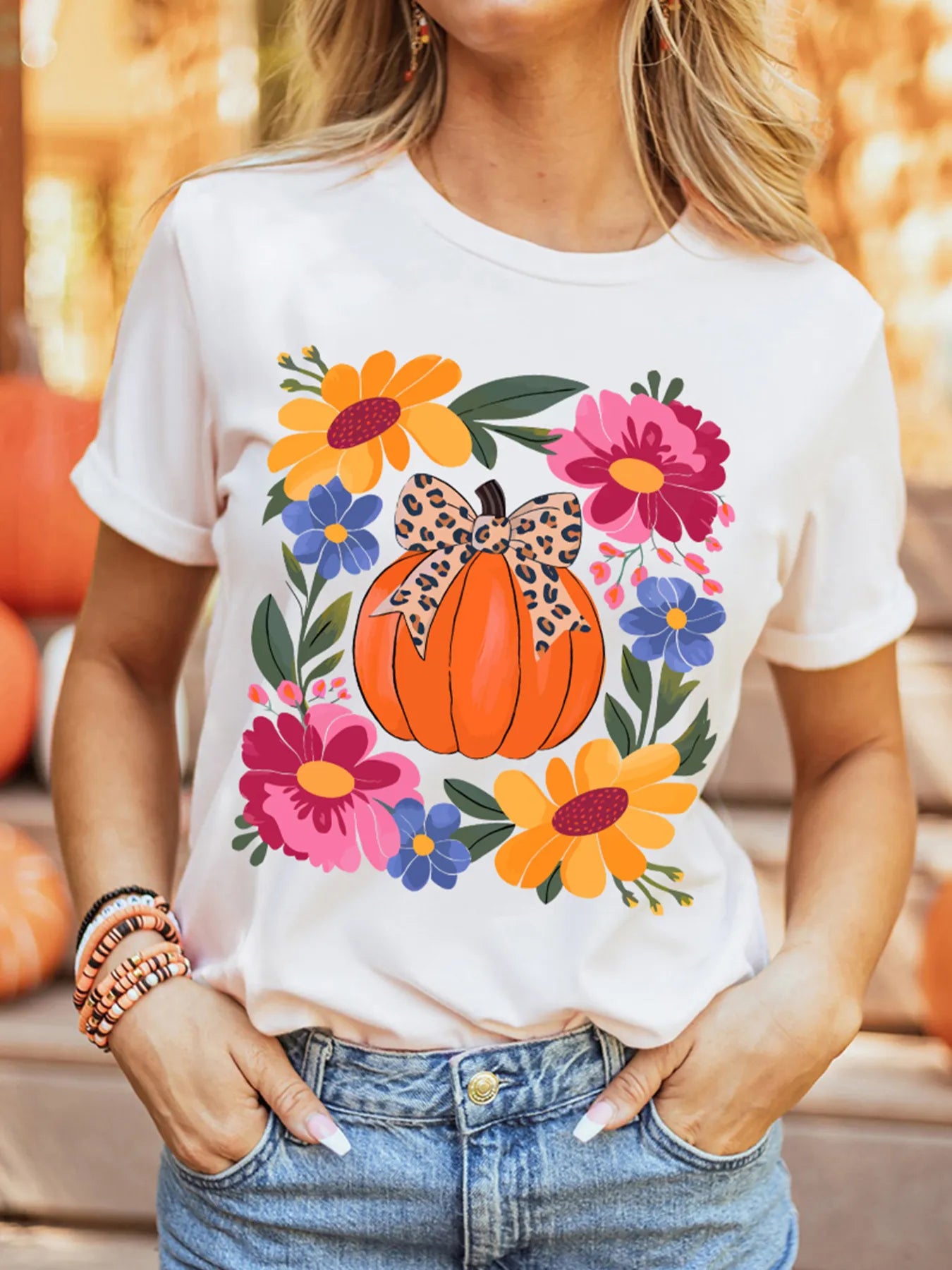 SYNZ Pumpkin Floral Graphic Round Neck T-Shirt